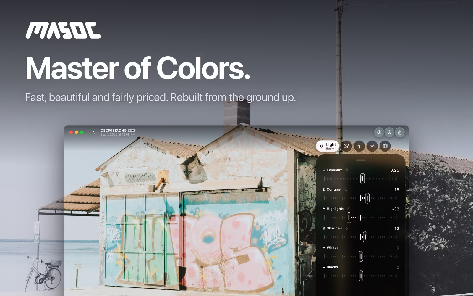 masoc on a Mac: a weathered house with graffiti, the editing panel standing at the side of the window