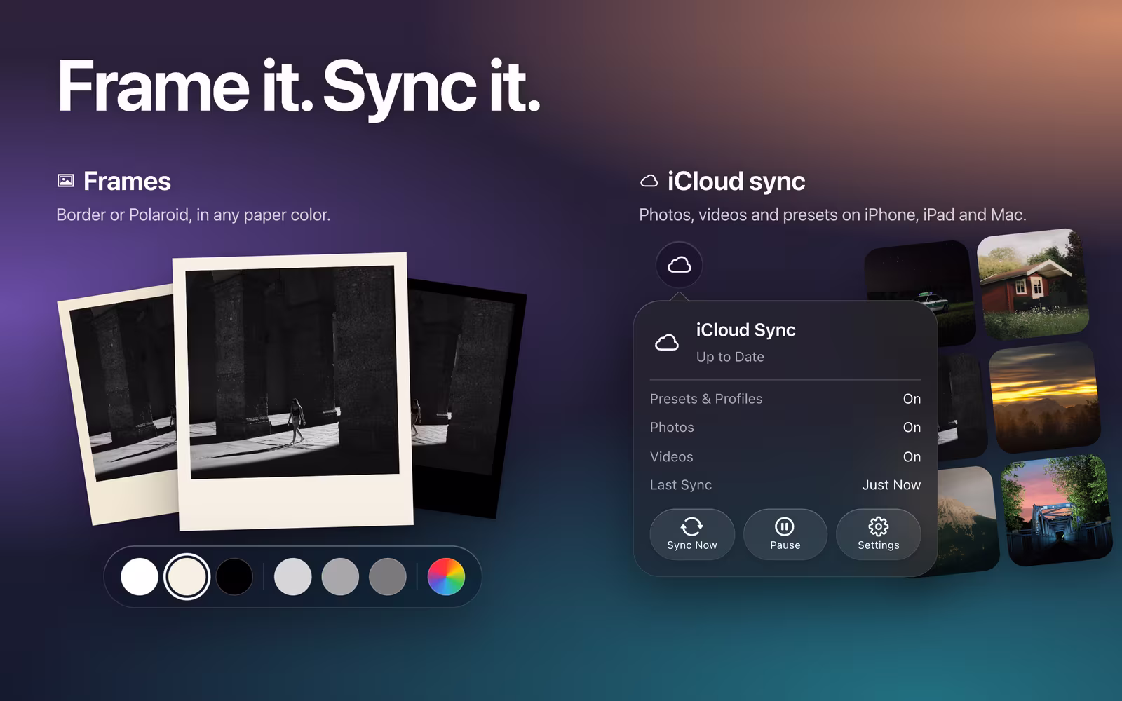 Polaroid frames in several paper colors and iCloud sync on Mac