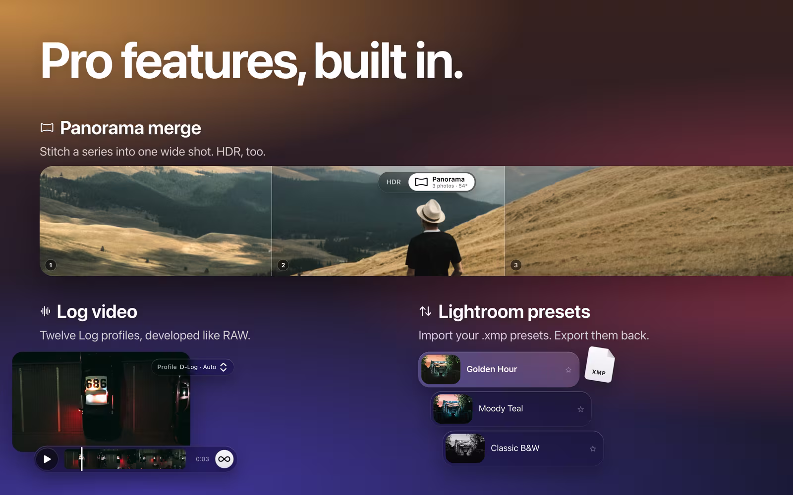 Panorama merge, Log video and Lightroom presets in masoc on a Mac