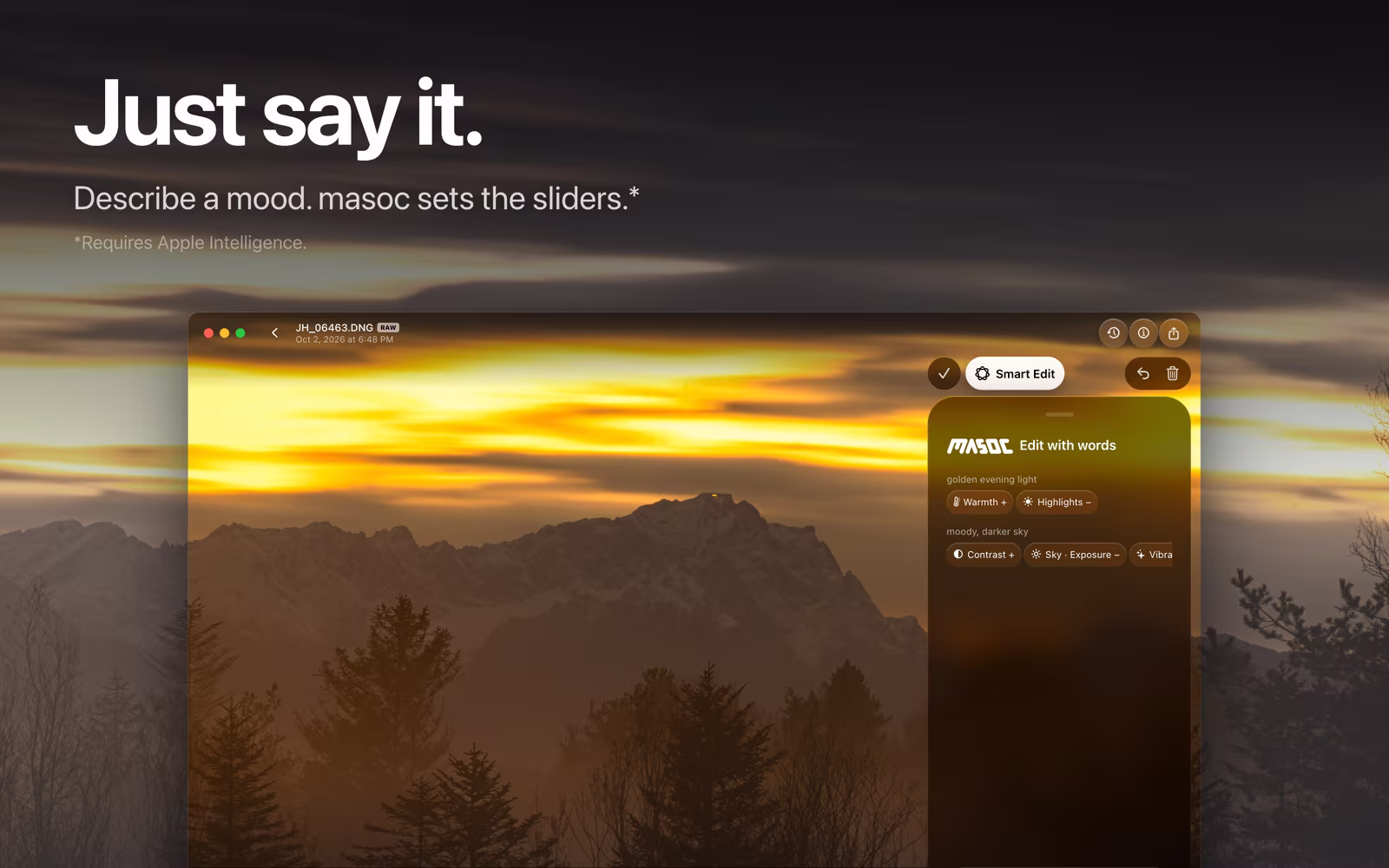 Smart Edit on Mac, a golden sunset over the mountains