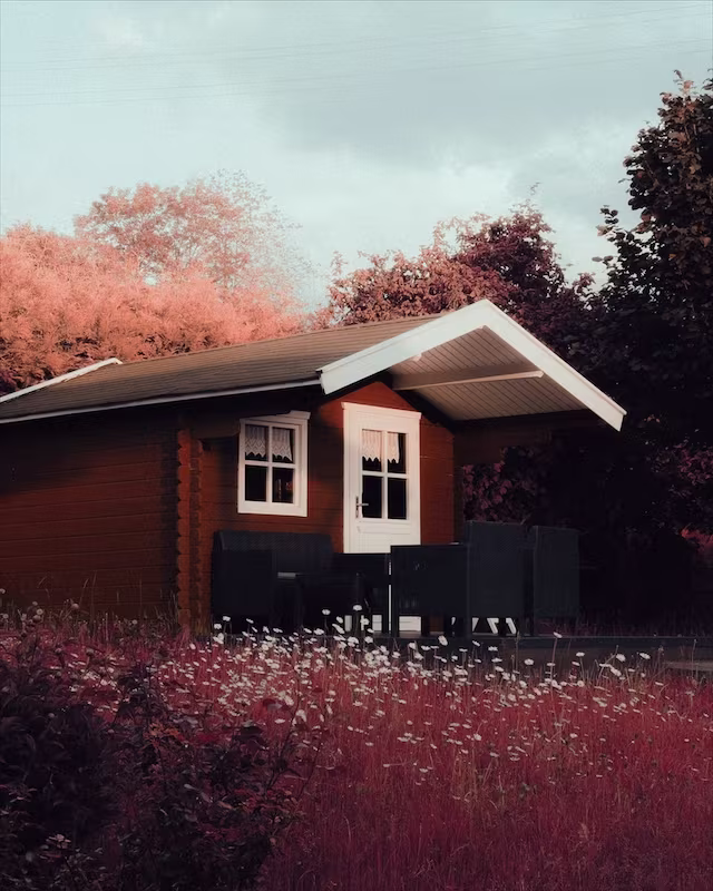A red wooden cabin in a summer garden with the Infrared look