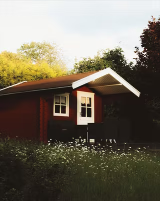 A red wooden cabin in a summer garden with the Kodak Gold look, the base of the Golden Hour recipe