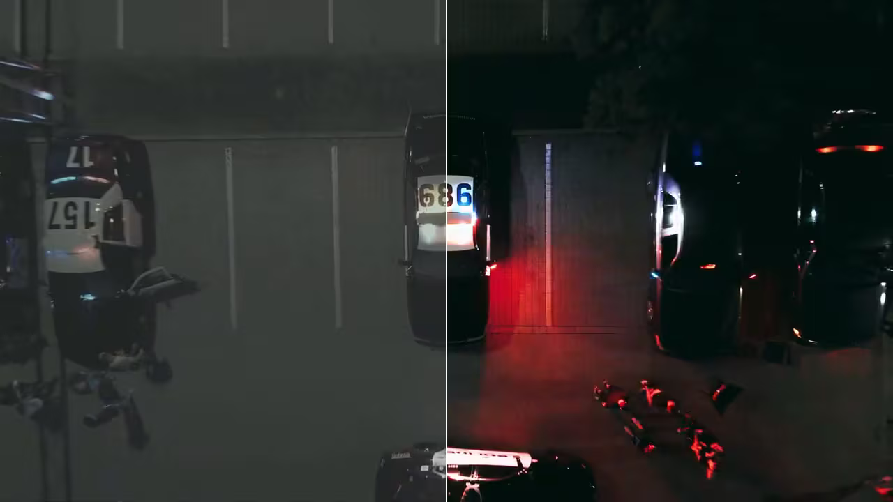 A night drone shot of police cars, the left half flat the way Log footage looks before it is developed, the right half graded in masoc